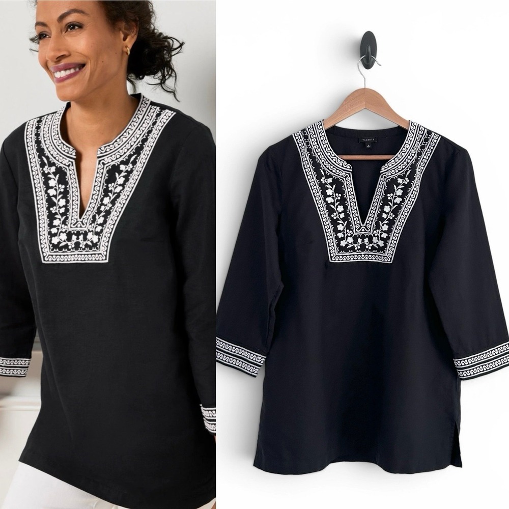 Talbots Women Medium Black & White Multicolor Linen Cotton Embroidered Tunic Top